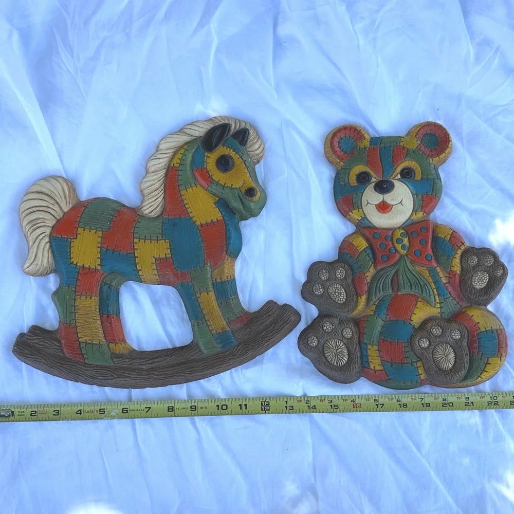 Vintage Foam Craft Wall Plaques Kids Set of 2 Multicolor Excellent Patchwork MCM